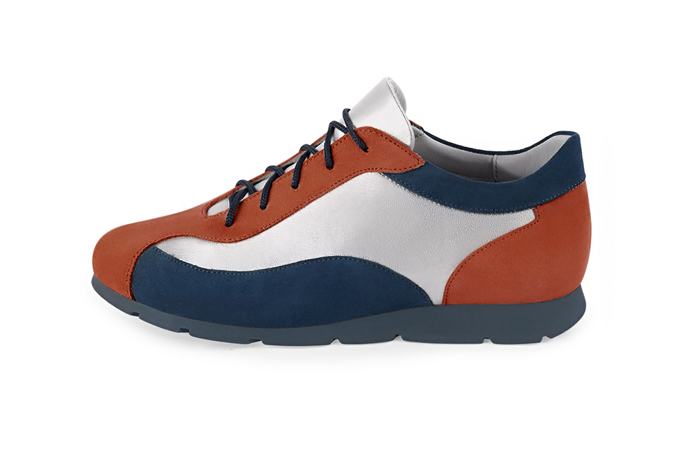 Terracotta orange, light silver and navy blue women's elegant sneakers. Round toe. Flat rubber soles. Profile view - Florence KOOIJMAN